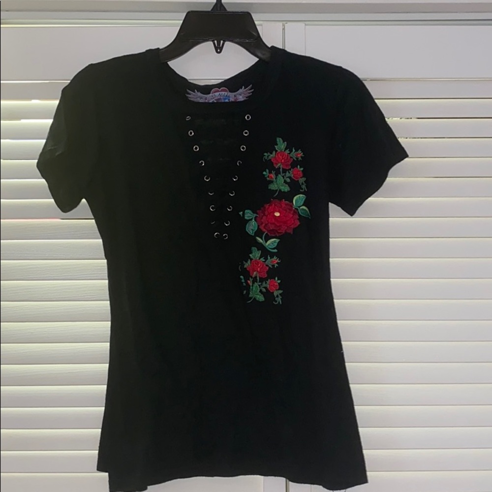 Black lace up t-shirt